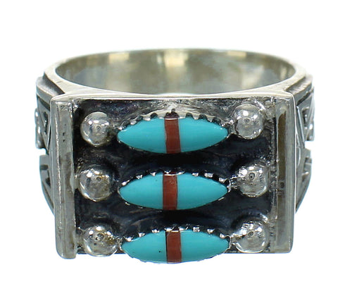 Turquoise And Coral Needlepoint Sterling Silver Ring Size 6 FX91979